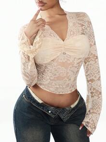 Amplova 2026 New Lace Sexy Sheer Women Blouse - Apricot - View 5