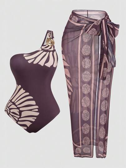 Swim Oasis 2026春季新款加大码女士印花网纱连体泳衣，修身度假沙滩装