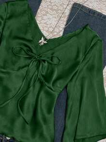 INAWLY Áo sơ mi nữ buộc dây màu trơn đa năng - Màu xanh lá cây đậm - Xem 3