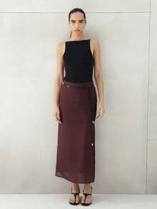 KSTM Elegant Burgundy Layered Sheer Wrap Skirt With Button Details For Fall Autumn Midi Length A-Line Semi Transparent Chiffon Fashion - Brown - View 3