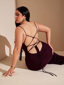 SHEIN BAE Plus Size Women's Dark Purple Elegant Summer Rosewood Color Patchwork Ruffle Hem Fitted Night Outfits,Floral Maxi Stretchy Knit Mesh Dress - Redwood - View 7