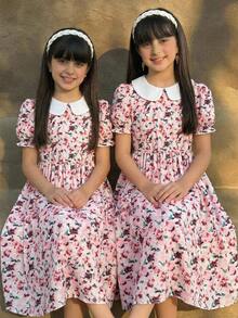 SHEIN Tween Girl Peter Pan Collar Bubble Sleeve Allover Print Dress - Multicolor - View 3