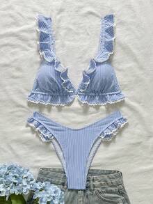 Swim Mod 2件套女童特制条纹荷叶边三角比基尼上衣和V领荷叶边三角泳裤泳装 - 彩色 - 查看 5