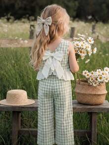 Emery Rose Kids Emery Rose Kids 2pcs/Set  Young Girl Woven Plaid Round Neck Casual Vest And Pants Set Young Girl  Two Piece Set Gingham Set Girls Plaid Set Young Girl  Two Piece Set Summer Two Piece Set For Girls Young Girl Green Gingham Two Piece Set With Bow And Ruffle Sleeveless Top And Wide Leg Pants Summer Outfits Girls Summer Clothes Girls Clothes Girl Elegant Pant Set - Green - View 5