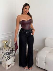 Maria Perezxox 女士时尚性感纯色后背交叉抹胸上衣 - 酒紅色 - 查看 6
