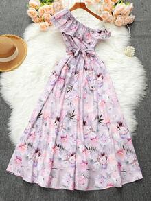 GlowEve 女士露肩印花荷叶边下摆系带腰身时尚度假连衣裙 - 彩色 - 查看 1