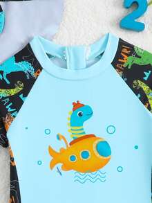 SHEIN Nouveau-né bébé mignon imprimé de dessin animé combinaison de couleur contrastée avec short et chapeau de protection solaire, convient pour la plage et les vacances - Bleu azur - Voir 5