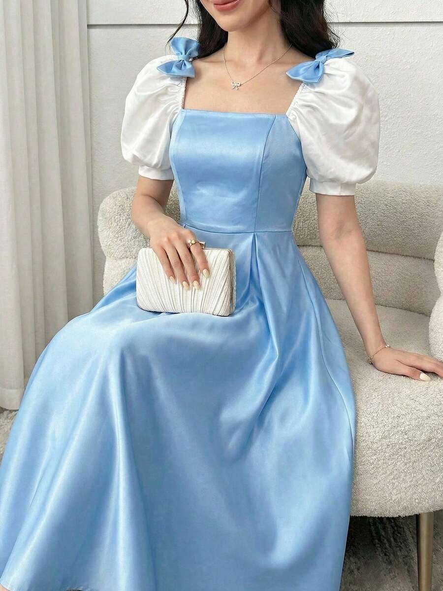 SHEIN 少女夏季新款蓝色撞色方领花瓣袖连衣裙，婚礼季正式礼服 - 藍白色 - 查看 1