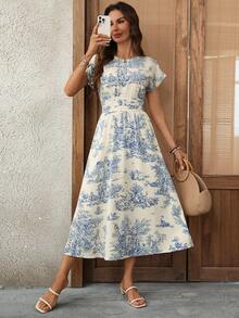 EMERY ROSE 女士圆领褶皱印花优雅派对长裙 - 藍白色 - 查看 7