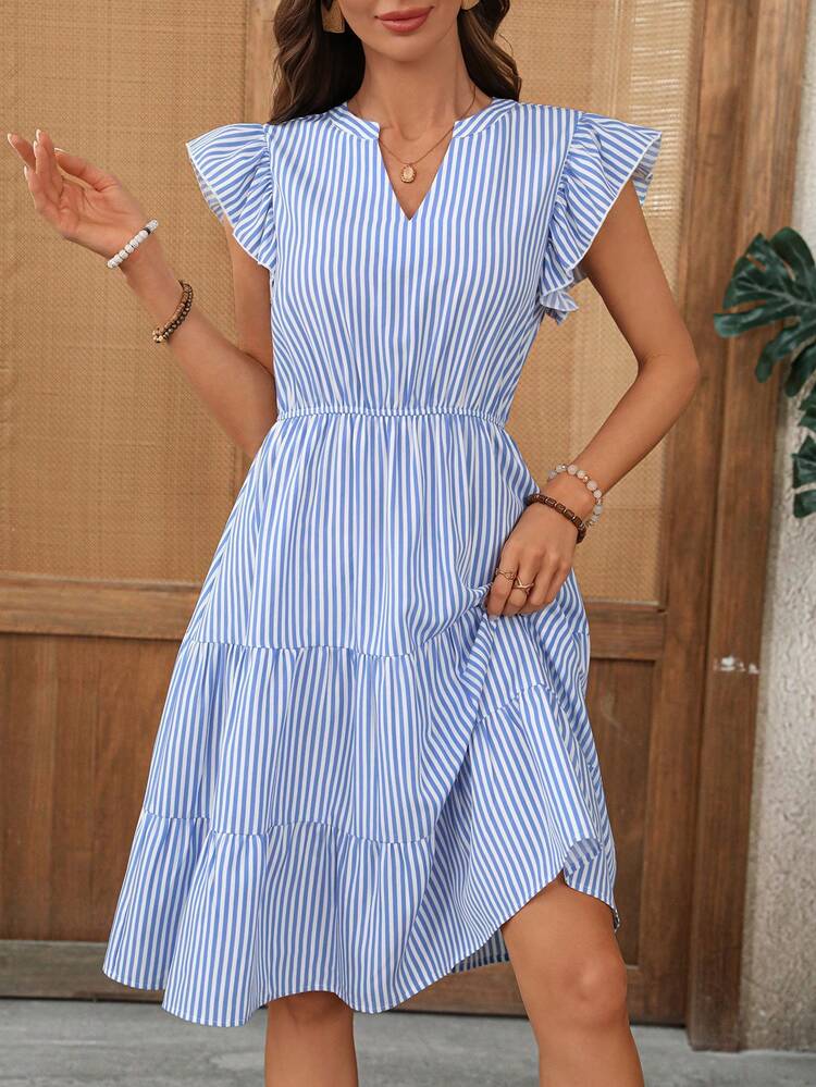 Women's Vacation Casual Striped Notched Neck Cap Sleeve Mid-Length Dress Going Out Outfit Summer Dresses For Women Graduation Dress For Women Casual Dresses For Women Summer Holiday Outfits Vacation Dresses Holiday Dresses Ruffle Dress Going Out Dresses Blue And White Dress Striped Dress Ruffle Sleeve Dress Women's Summer Dresses Women's Striped Dresses Picnic Dresses For Women Women's Summer Outfits New Arrival Dress For Women Casual Picnic Dress For Women Resort Wear Women Vacation Dress Ruffle Dress