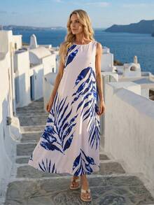 Faunlyn 女士树叶印花圆领休闲日常度假长裙，适合夏季穿着 - 彩色 - 查看 6