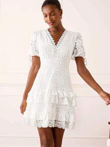 Lilora 女士优雅蕾丝拼接花卉饰边连衣裙，奢华女装，新款女装，休闲高品质连衣裙，蕾丝连衣裙，高端时尚，百搭优雅。适合通勤、日常穿着、休闲外出、派对、约会、聚会、休闲活动、郊游、假日、度假、夏季和假日旅行。白色荷叶边连衣裙，女士蕾丝连衣裙，女士迷你连衣裙，短袖连衣裙，夏季蕾丝连衣裙，女士蕾丝连衣裙，优雅白色蕾丝连衣裙 - 白色 - 查看 6