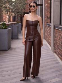 Andrea Bello Bộ 2 áo crop top và quần ống rộng bằng da PU dành cho nữ, trang phục mùa thu giản dị và gợi cảm cho nữ, quần da nâu, áo quây cho nữ, trang phục da nâu, áo nịt ngực bằng da, áo nịt ngực không dây màu nâu - màu nâu - Xem 4