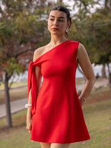 Andrea Bello 女士不对称肩带系带修身优雅A字裙摆半身裙，黑色 - 紅色 - 查看 3