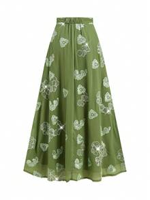 Gownix Sequin Embellished Elegant Versatile A-Line Midi Skirt  Summer Vacation Outfits Women Going Out Outfits - Olive Green - View 9