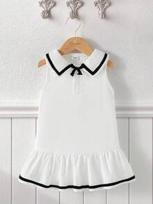 Souflis Souflis French Style New 0-3 Years Old Girls' Summer Dress, White Collared Ruffle Hem Sleeveless Sundress, Suitable For School, Play, Outings, Home And Other Occasions - White - View 1