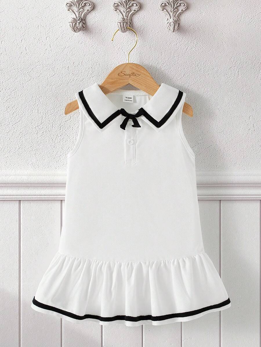Souflis Souflis French Style New 0-3 Years Old Girls' Summer Dress, White Collared Ruffle Hem Sleeveless Sundress, Suitable For School, Play, Outings, Home And Other Occasions - White - View 1