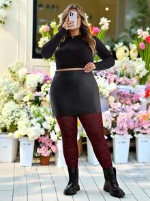 SHEIN CURVE+ Burgundy,Summer,Cute,Everyday Plus Size Curve US22 Glitter Mesh Sheer Tights,Bohemia Black Leggings For Music Festival,Party,Valentine's Day - Burgundy - View 9