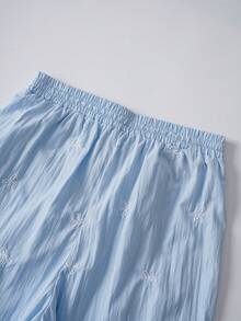 Lyxana Women's Solid Color Casual Bow Embroidered Straight Leg Pants - Blue - View 6