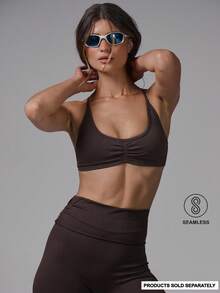 Musera Sport Áo ngực thể thao không đường may, xếp ly phía trước, dây đeo điều chỉnh được, thích hợp cho tập luyện thể dục, tập gym, pilates, thể hình, mặc hàng ngày. - màu nâu - Xem 1