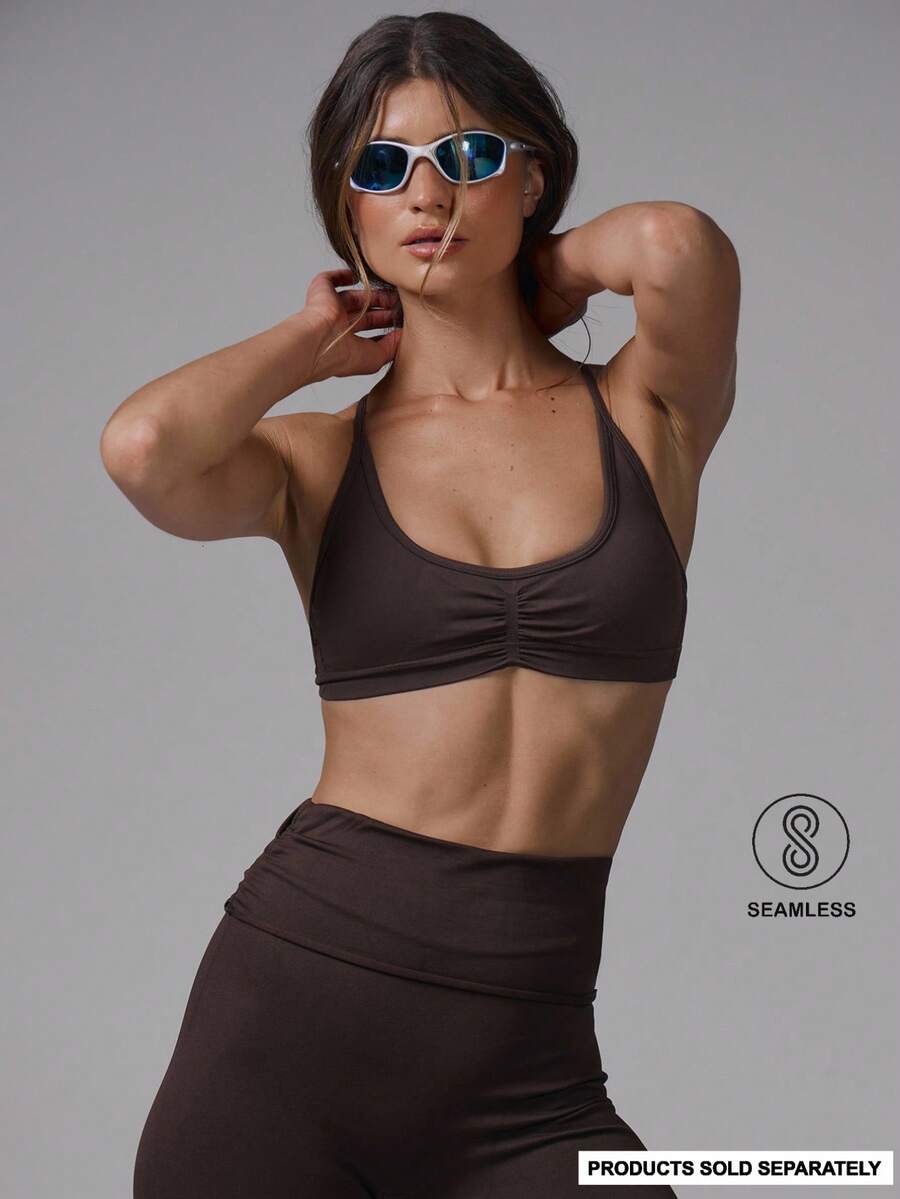 Musera Sport Áo ngực thể thao không đường may, xếp ly phía trước, dây đeo điều chỉnh được, thích hợp cho tập luyện thể dục, tập gym, pilates, thể hình, mặc hàng ngày. - màu nâu - Xem 1