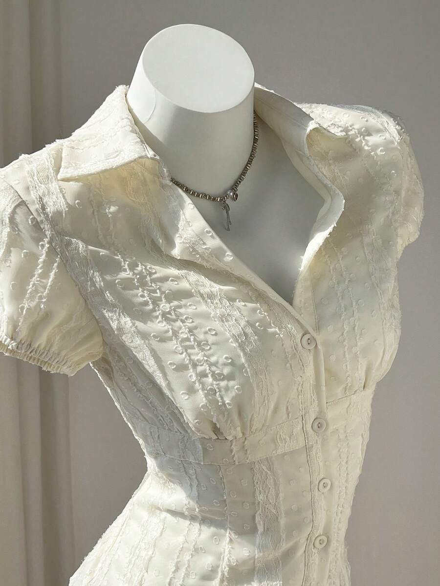 Elamini 女士V领雪纺蕾丝褶皱纹理衬衫，半透明，春夏法式风格衬衫，优雅高贵，适合正式场合，白色复古职业衬衫，夏季女士衬衫 - 白色 - 查看 1