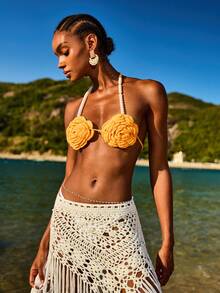 Swim Vcay Women's Summer Vacation Faux Pearl Decor Crochet Floral Halter Cover-Up - Yellow - View 5