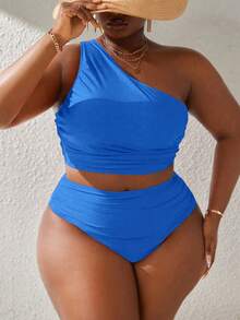 Slaydiva Plus Size Women Summer Beach Solid Color Ruched One-Shoulder Casual Tankini Swimwear Set - Blue - View 6