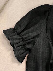 Qadelle Women's Blue Denim Effect Ruffle Trim Short Sleeve Blouse - Black - View 6