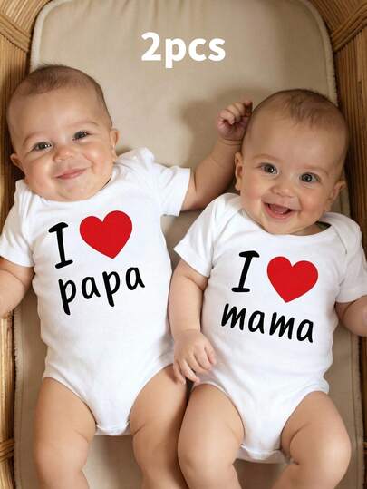 SHEIN 2 Packs Newborn Baby Girls Baby Boys Unisex Infant Toddler "I Love Papa/Mama" Slogan Bodysuits White Short Sleeve Baby Rompers For Newborn,Perfect For Mother's Day, Father's Day, And Everyday Casual Occasions.Suitable For 3M-24M Twin Baby Outfits I Love Mama Papa Baby Outfit Neutral Baby Clothes Unisex Natural Baby Clothes New Born Newborn Knit Outfit Boy Baby Casual Jumpsuit