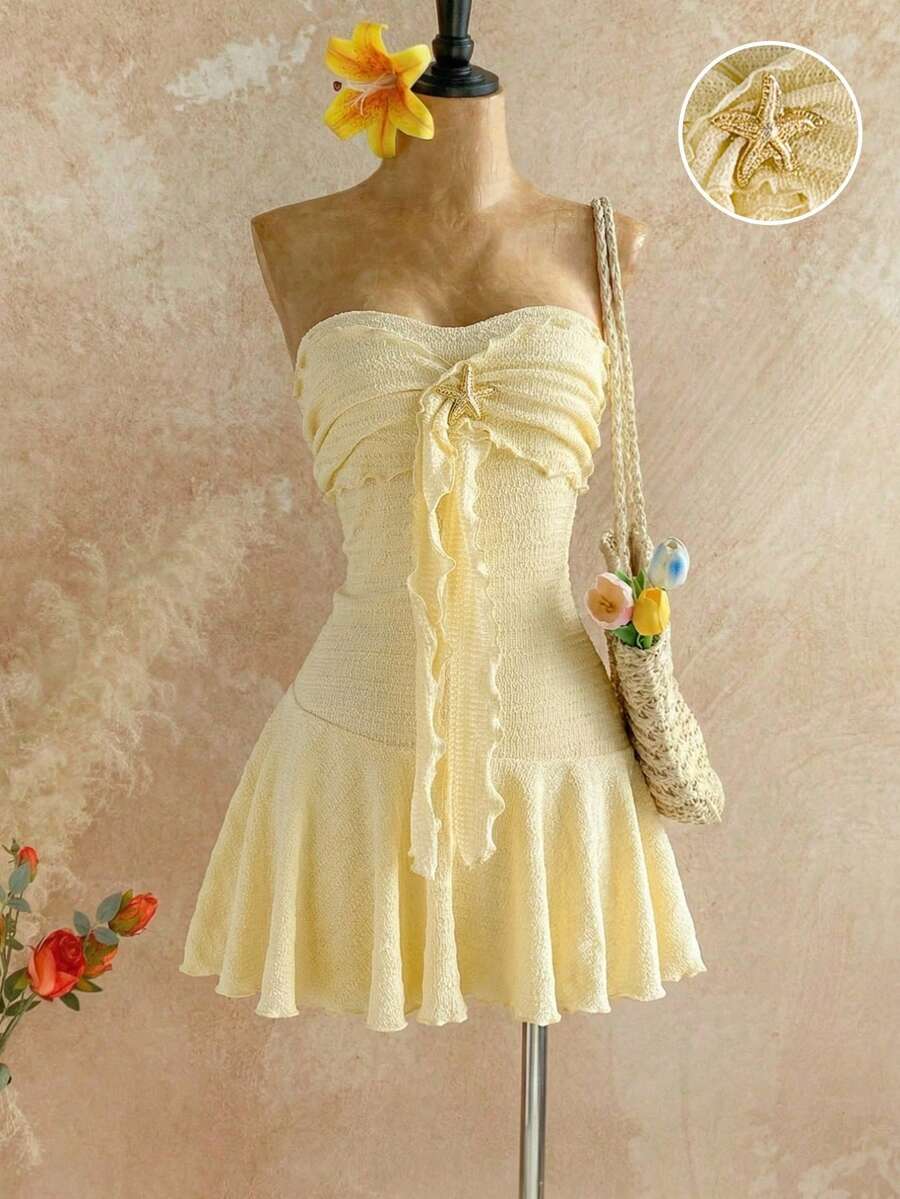 Sweetra Đầm ngắn dệt kim màu vàng ánh kim họa tiết sao biển, viền bèo nhún, eo thắt, thích hợp cho nữ mùa xuân/hè, đi nghỉ dưỡng, đi biển, phong cách boho, dự tiệc thanh lịch, hẹn hò lãng mạn, đa năng. - Màu vàng - Xem 1