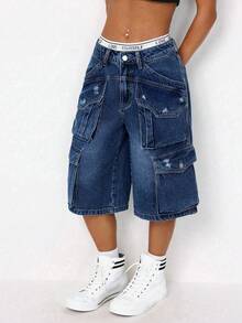 SHEIN ICON Quần short denim nữ dáng rộng, thoải mái với nhiều túi tiện dụng. - Rửa tối - Xem 5