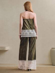 Arave 女士V领无袖拼接蕾丝下摆休闲修身假日派对两件套 - 綠色 - 查看 5