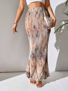 SHEIN Clasi 春夏休闲百褶松紧腰鱼尾长裙，随机印花，女款秋季女装 - 卡其色 - 查看 3