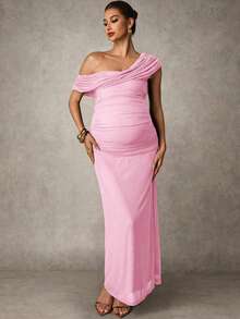 MaterniChic Maternity Solid Color Ruched Fitted Elegant Dress - Baby Pink - View 6