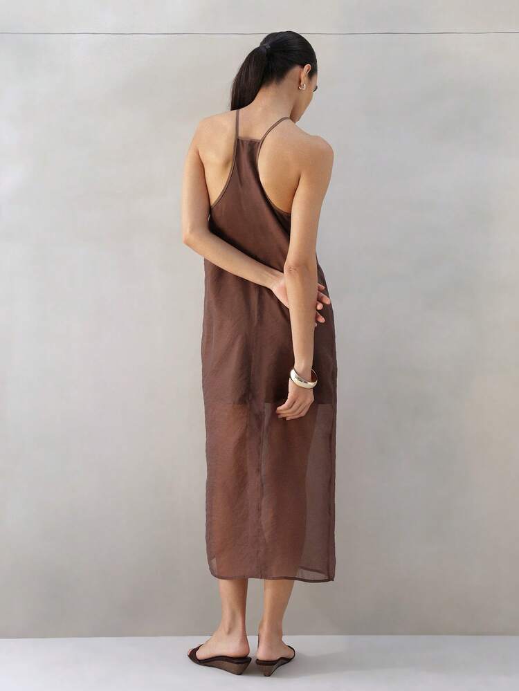 KSTM Women's Halter Neck Midi Dress Semi Sheer Brown Elegant Summer Evening Layered Sleeveless Party Dress