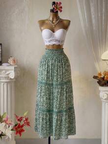 Femesol Chân váy dài xòe họa tiết hoa nhí phối ren tương phản dành cho nữ, thích hợp cho kỳ nghỉ thu. - màu xanh lá - Xem 2