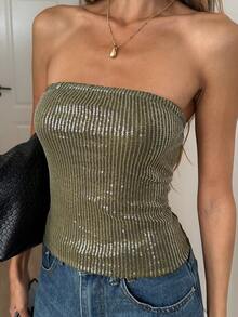 Easowa 绿色亮片装饰抹胸上衣，适合音乐节和派对等场合穿着。 - 軍綠色 - 查看 3