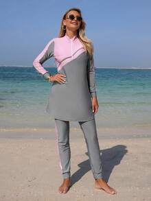 Swim Mulvari Women's Colorblock Long Sleeve & Long Pants Casual Burkini Set, Suitable For Beach & Holiday - Multicolor - View 3