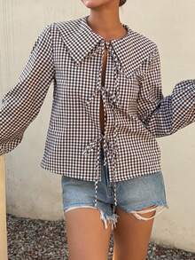 DAZY Women's Plaid Print Twist Front Casual Long Sleeve Shirt Summer - Brown - View 4