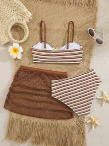 SHEIN 三件套女孩优雅简约比基尼套装，饰有海星图案，搭配荷叶边沙滩裙，适合度假、海滩、游泳，是青少年理想的夏季泳装。 - 彩色 - 查看 2