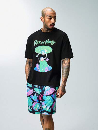 Rick and Morty X SHEIN Men's Round Neck Short Sleeve T-Shirt And Shorts Pajama Set,