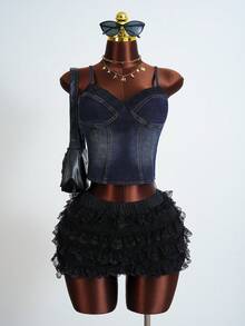 Amplova Women's Casual Washed Cropped Denim Camisole Top, Summer - Dark Wash - View 6