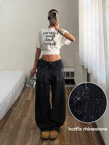 Muchica Black Versatile All-Match Women's Rhinestone Embellished Wide Leg Jeans, Spring Clothes Women,Street Wear - Black - View 6