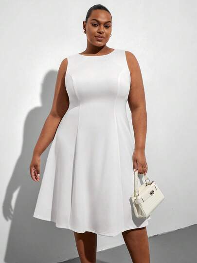 Chikora 大码优雅纯色无袖中长连衣裙，适合通勤和夏季穿着