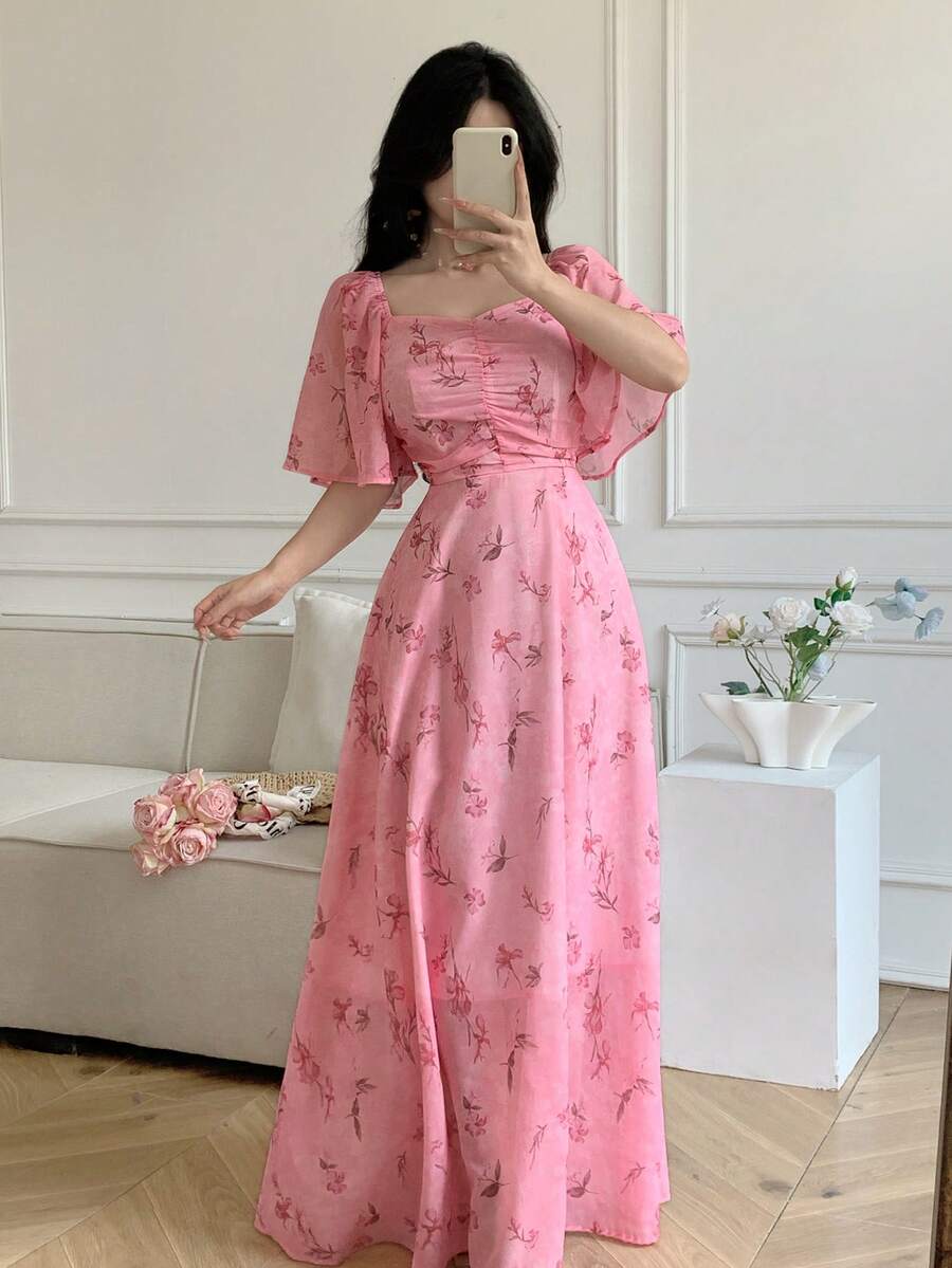 Celisse Đầm nữ in họa tiết cổ vuông, eo nhún, hở lưng, dáng ôm. - Hồng - Xem 1