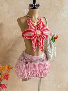 Soleia Women's Vacation Casual Loose Knit Fringe Sweater And Mini Skirt Set, Suitable For Beach, Cruise, Road Trip, Holiday, Date, Afternoon Tea, Music Festival, Boho, Summer, All Season, Daily Commute - Pink - View 7