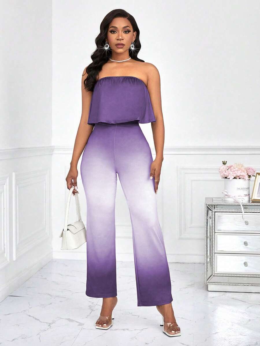 Chiquease 女士褶皱抹胸上衣和渐变喇叭裤休闲两件套 - 淡紫色 - 查看 1