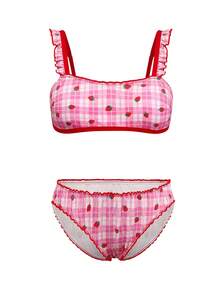 2pcs Strawberry Plaid Bra And Panty Set With Coasters, Sweet And Cute Lingerie For Teenage Girls - Pink - View 1