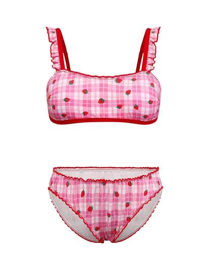 2pcs Strawberry Plaid Bra And Panty Set With Coasters, Sweet And Cute Lingerie For Teenage Girls